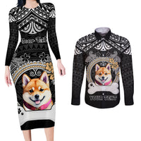 Personalized Shiba Inu Dog Couples Matching Long Sleeve Bodycon Dress and Long Sleeve Button Shirts With Polynesian Heart Name Tags LT05 Black - Polynesian Pride