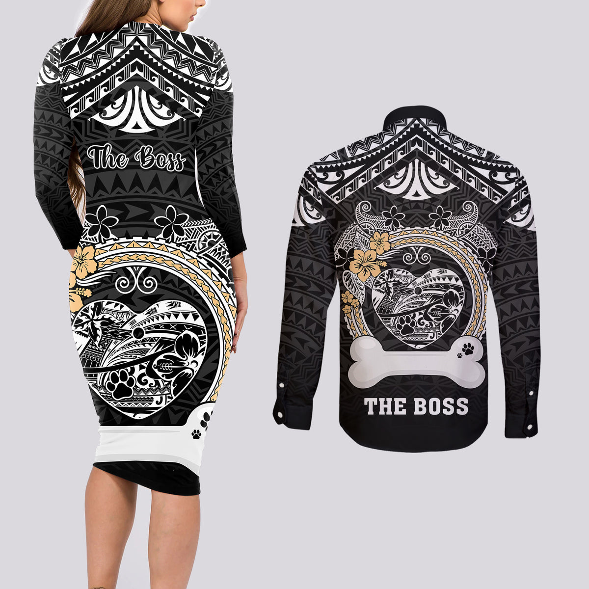 Personalized Shiba Inu Dog Couples Matching Long Sleeve Bodycon Dress and Long Sleeve Button Shirts With Polynesian Heart Name Tags LT05 - Polynesian Pride