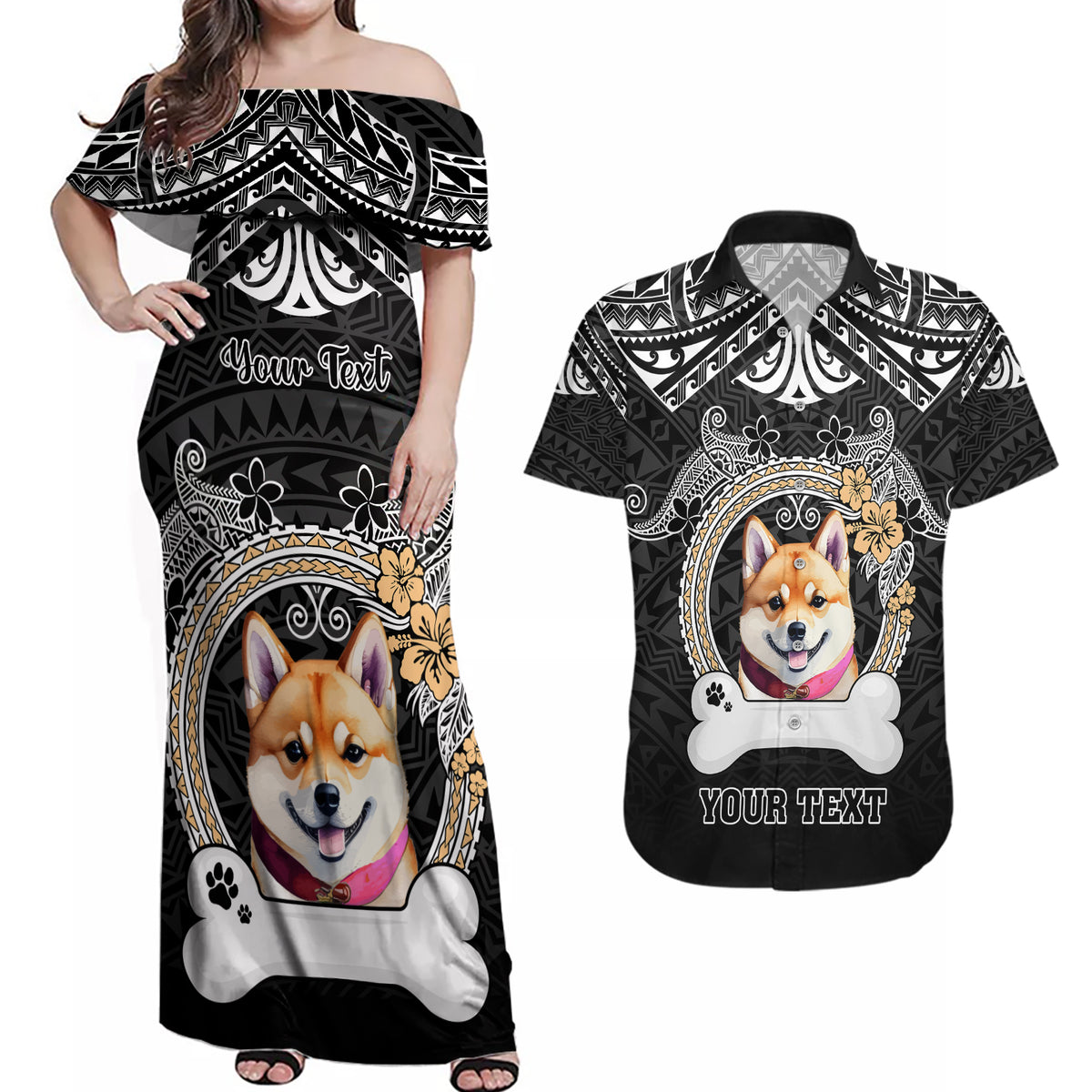 Personalized Shiba Inu Dog Couples Matching Off Shoulder Maxi Dress and Hawaiian Shirt With Polynesian Heart Name Tags LT05 Black - Polynesian Pride