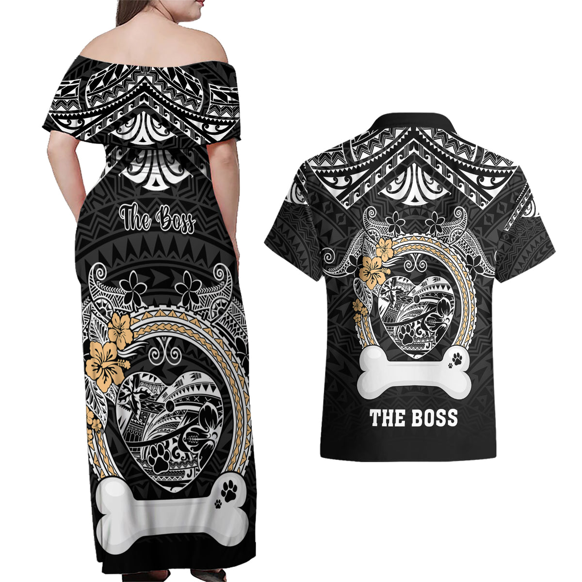 Personalized Shiba Inu Dog Couples Matching Off Shoulder Maxi Dress and Hawaiian Shirt With Polynesian Heart Name Tags LT05 - Polynesian Pride