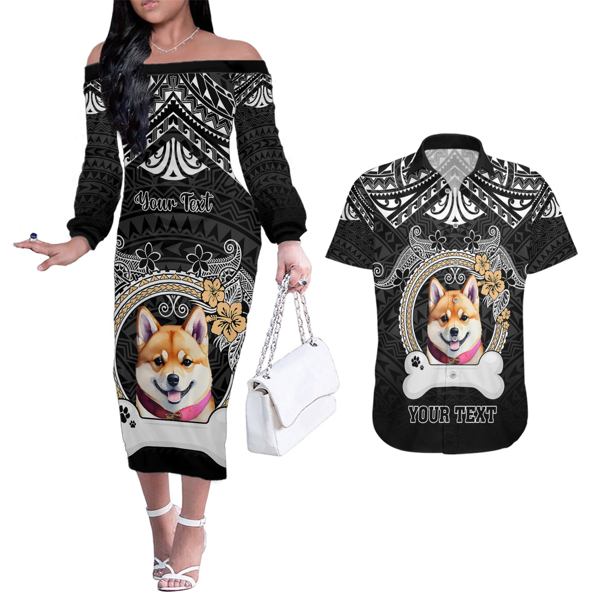 Personalized Shiba Inu Dog Couples Matching Off The Shoulder Long Sleeve Dress and Hawaiian Shirt With Polynesian Heart Name Tags LT05 Black - Polynesian Pride