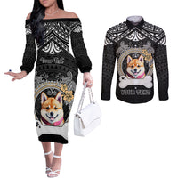 Personalized Shiba Inu Dog Couples Matching Off The Shoulder Long Sleeve Dress and Long Sleeve Button Shirts With Polynesian Heart Name Tags LT05 Black - Polynesian Pride
