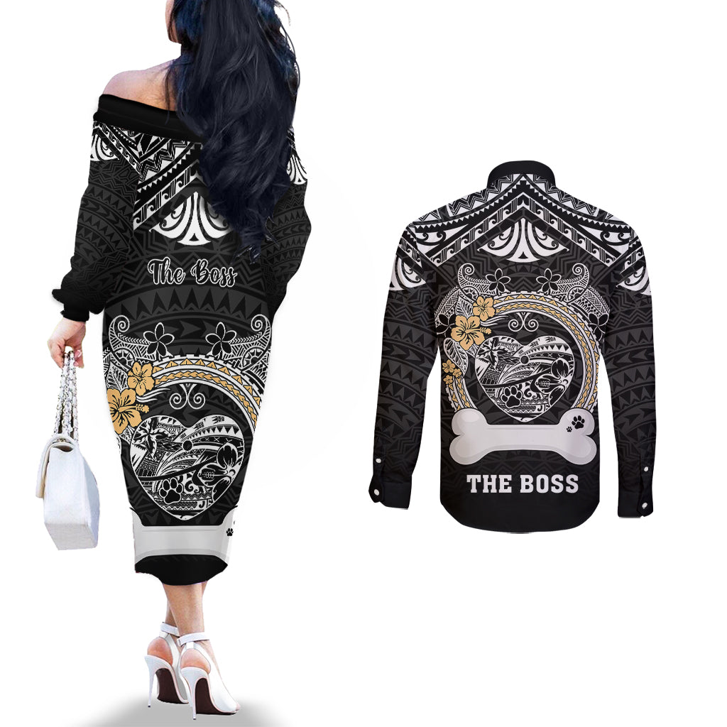 Personalized Shiba Inu Dog Couples Matching Off The Shoulder Long Sleeve Dress and Long Sleeve Button Shirts With Polynesian Heart Name Tags LT05 - Polynesian Pride
