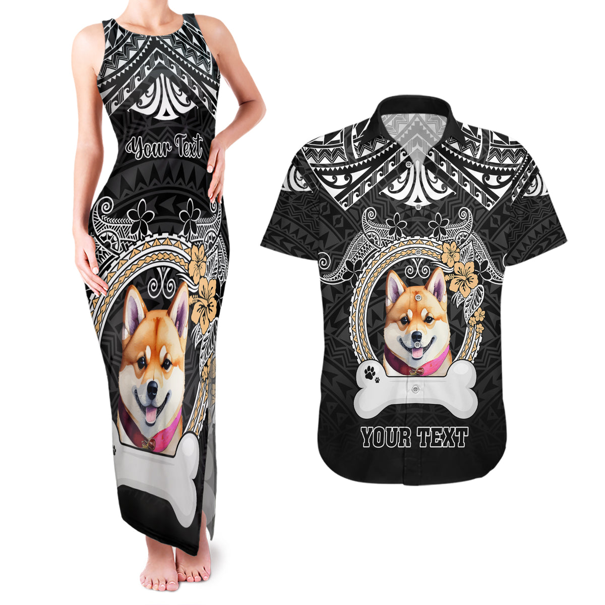 Personalized Shiba Inu Dog Couples Matching Tank Maxi Dress and Hawaiian Shirt With Polynesian Heart Name Tags LT05 Black - Polynesian Pride