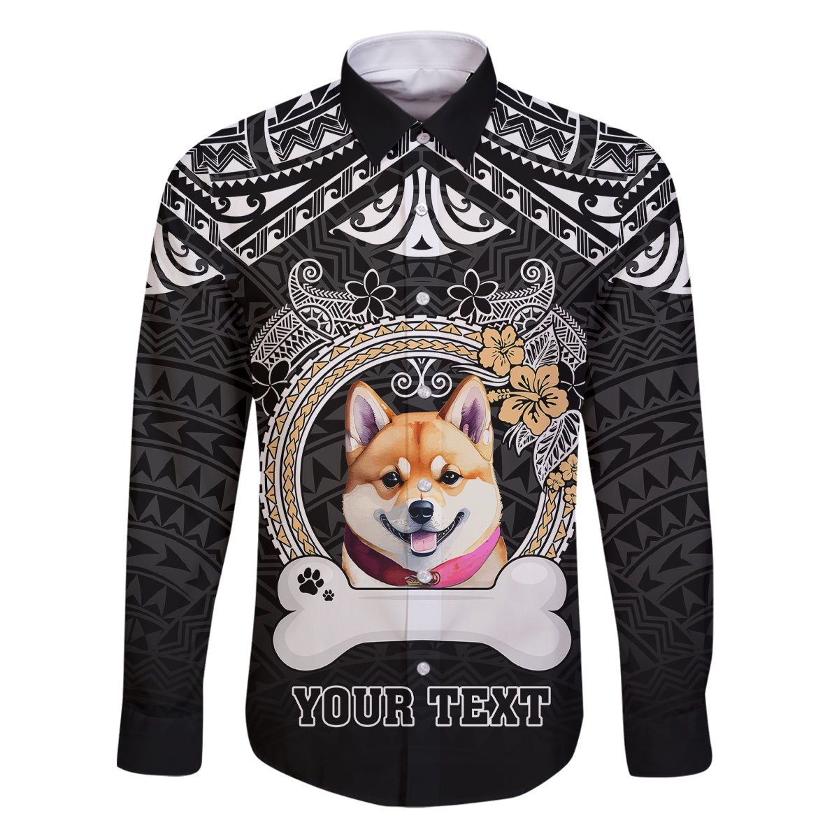 Personalized Shiba Inu Dog Family Matching Puletasi Dress and Hawaiian Shirt With Polynesian Heart Name Tags LT05 Dad's Shirt - Long Sleeve Black - Polynesian Pride