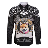 Personalized Shiba Inu Dog Family Matching Puletasi Dress and Hawaiian Shirt With Polynesian Heart Name Tags LT05 Dad's Shirt - Long Sleeve Black - Polynesian Pride