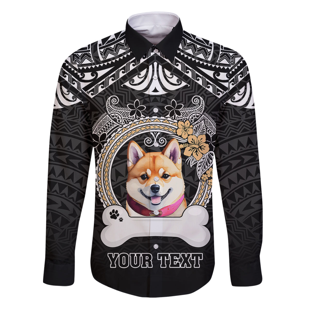 Personalized Shiba Inu Dog Family Matching Summer Maxi Dress and Hawaiian Shirt With Polynesian Heart Name Tags LT05 Dad's Shirt - Long Sleeve Black - Polynesian Pride