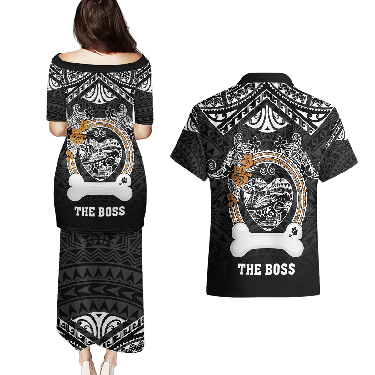 personalized-pitbull-dog-couples-matching-puletasi-dress-and-hawaiian-shirt-with-polynesian-heart-name-tags