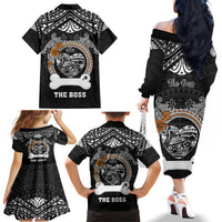 Personalized Pitbull Dog Family Matching Off Shoulder Long Sleeve Dress and Hawaiian Shirt With Polynesian Heart Name Tags LT05 - Polynesian Pride