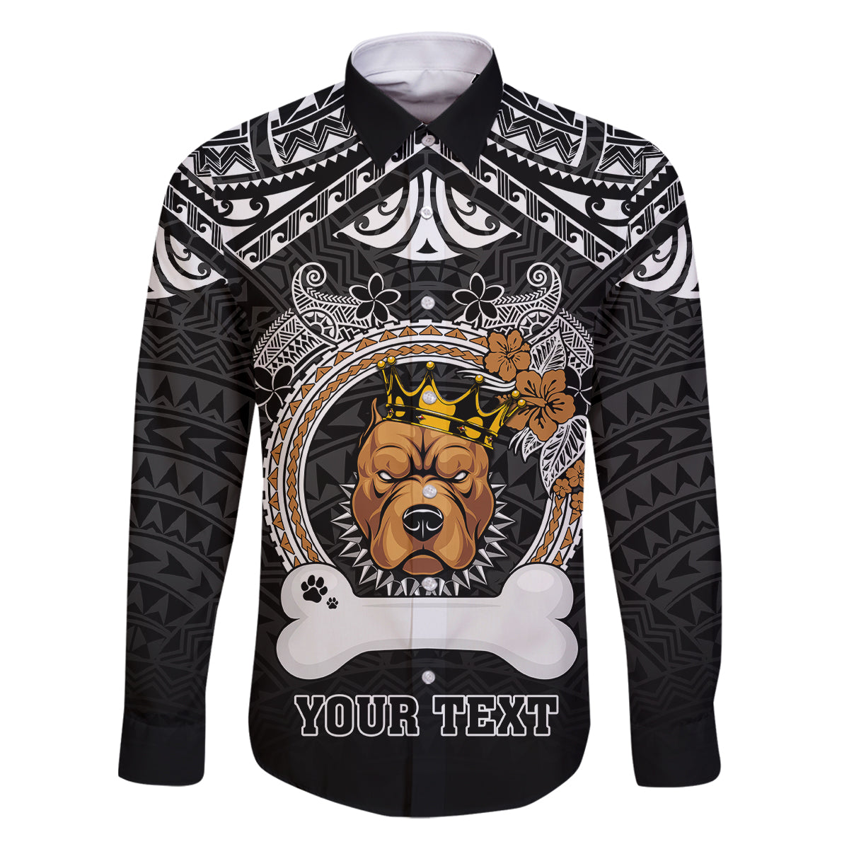 Personalized Pitbull Dog Family Matching Summer Maxi Dress and Hawaiian Shirt With Polynesian Heart Name Tags LT05 Dad's Shirt - Long Sleeve Black - Polynesian Pride