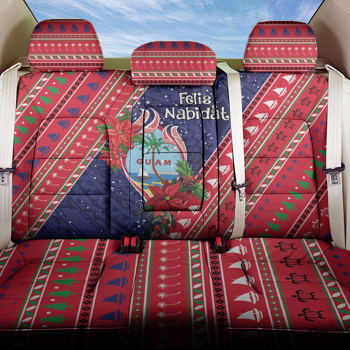 Guam Christmas Back Car Seat Cover Felis Nabidat Guaman Seal With Poinsettia LT05 One Size Blue - Polynesian Pride