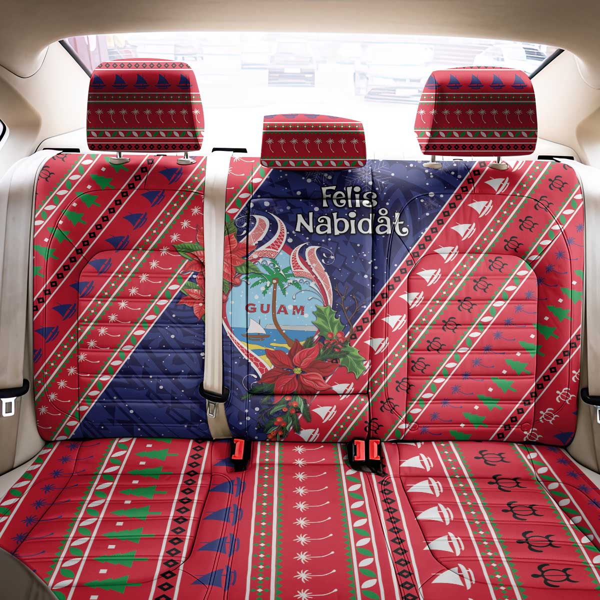 Guam Christmas Back Car Seat Cover Felis Nabidat Guaman Seal With Poinsettia LT05 - Polynesian Pride