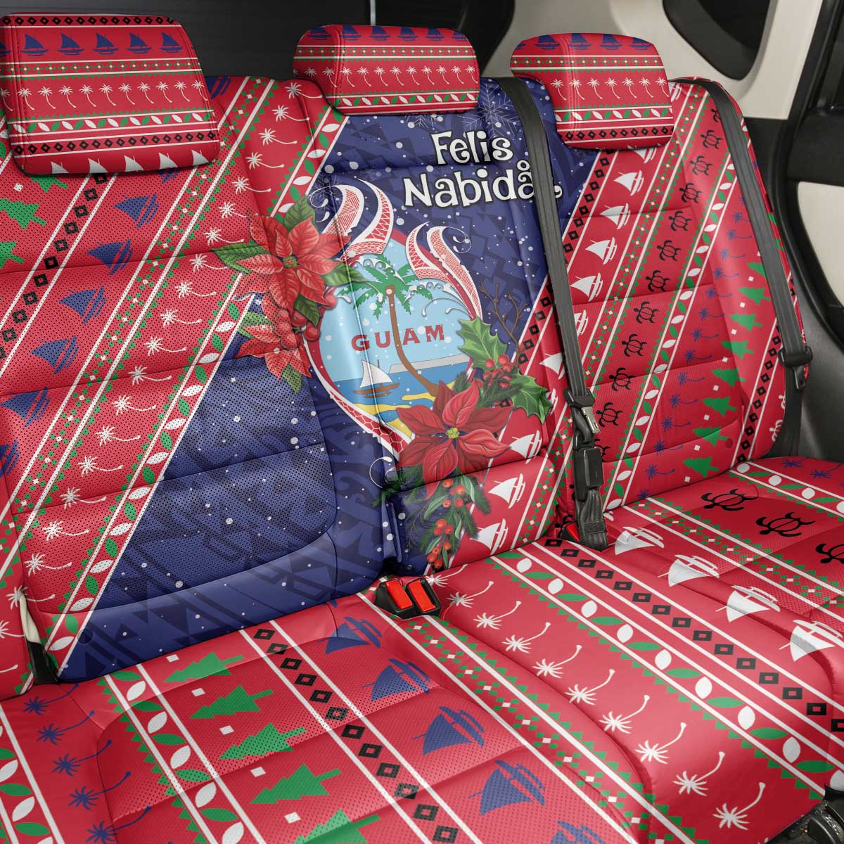 Guam Christmas Back Car Seat Cover Felis Nabidat Guaman Seal With Poinsettia LT05 - Polynesian Pride