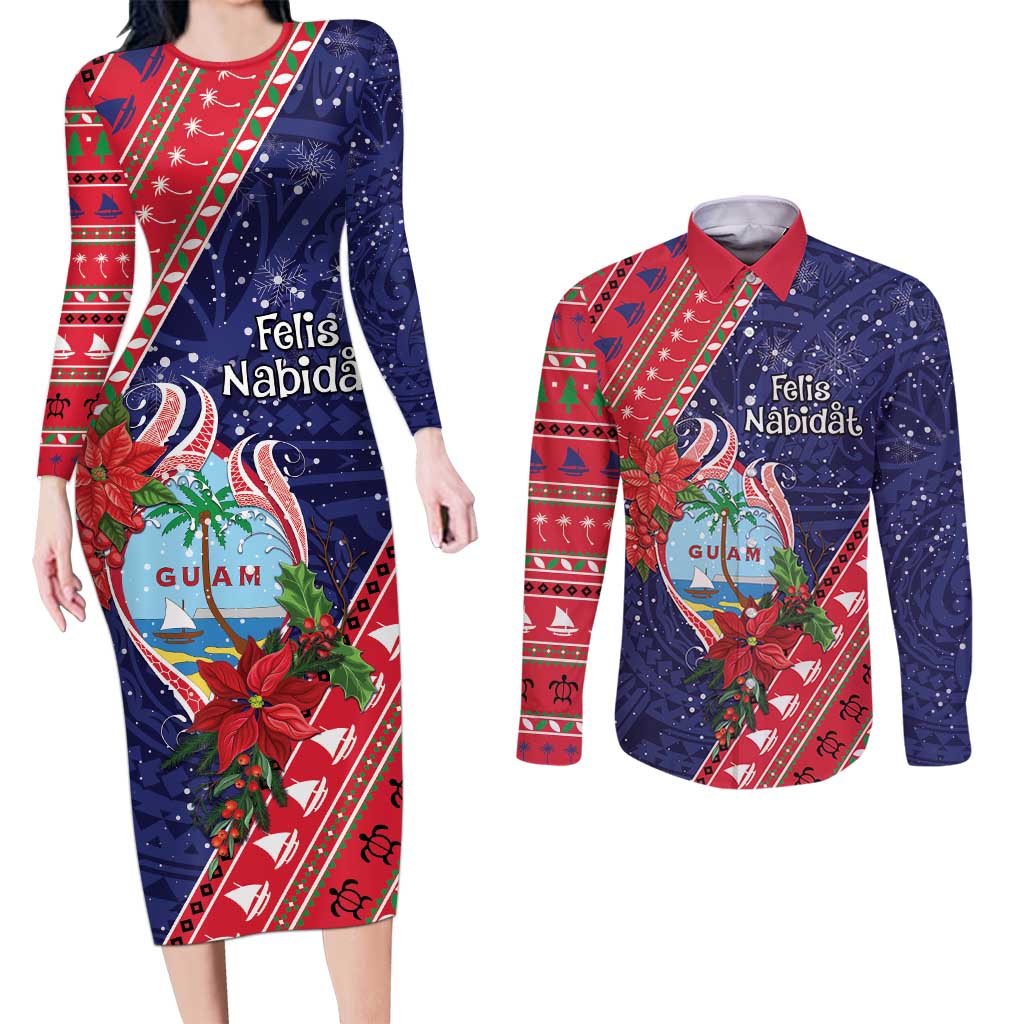 Guam Christmas Couples Matching Long Sleeve Bodycon Dress and Long Sleeve Button Shirt Felis Nabidat Guaman Seal With Poinsettia LT05 Blue - Polynesian Pride