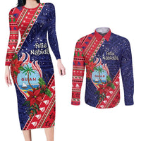 Guam Christmas Couples Matching Long Sleeve Bodycon Dress and Long Sleeve Button Shirt Felis Nabidat Guaman Seal With Poinsettia LT05 Blue - Polynesian Pride