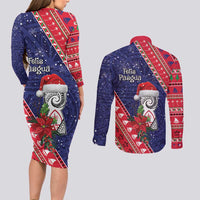 Guam Christmas Couples Matching Long Sleeve Bodycon Dress and Long Sleeve Button Shirt Felis Nabidat Guaman Seal With Poinsettia LT05 - Polynesian Pride