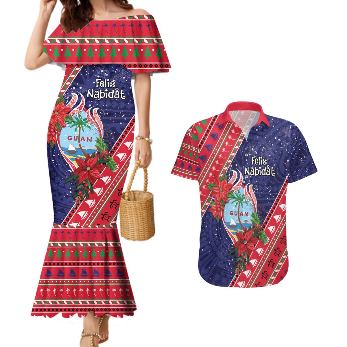 Guam Christmas Couples Matching Mermaid Dress and Hawaiian Shirt Felis Nabidat Guaman Seal With Poinsettia LT05 Blue - Polynesian Pride