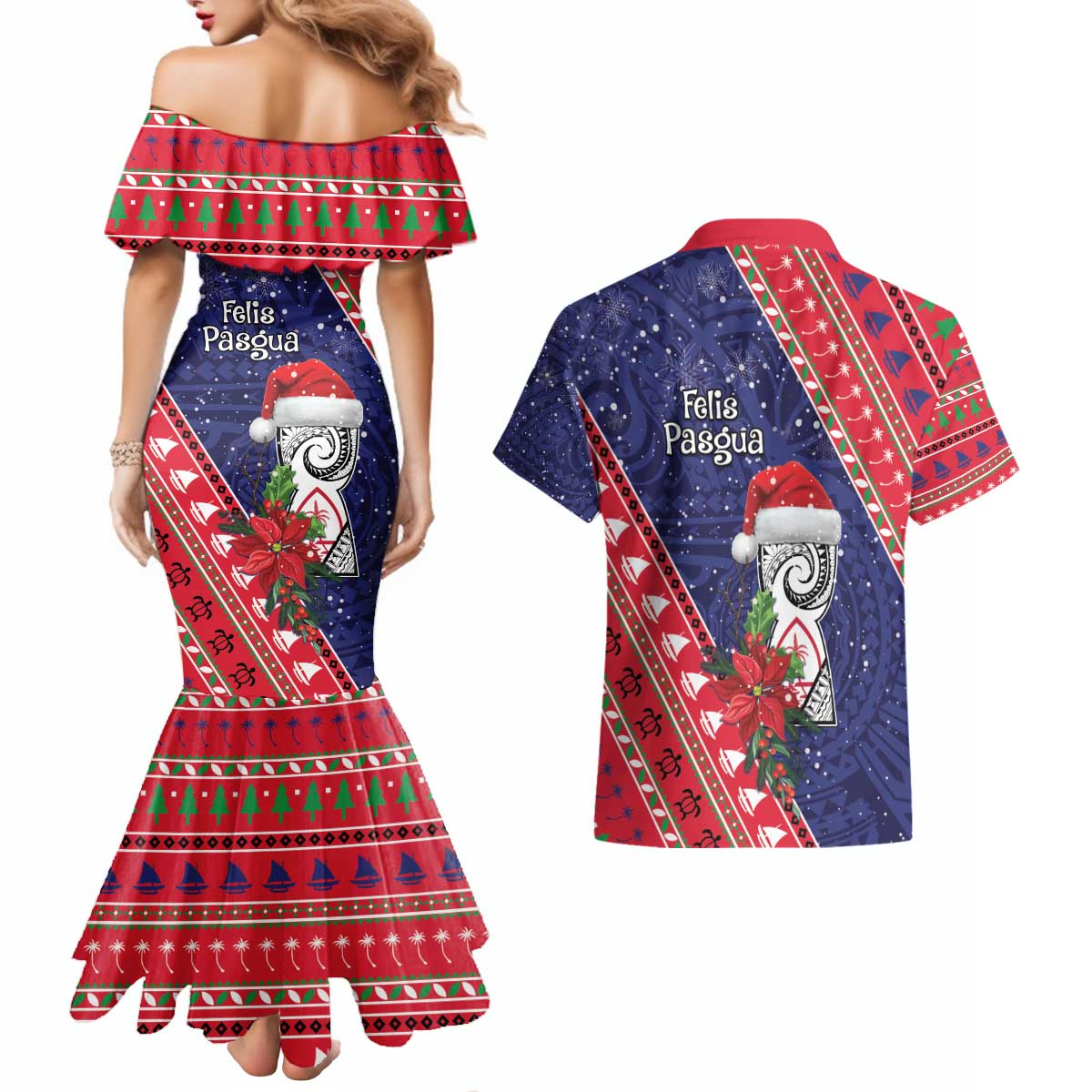 Guam Christmas Couples Matching Mermaid Dress and Hawaiian Shirt Felis Nabidat Guaman Seal With Poinsettia LT05 - Polynesian Pride