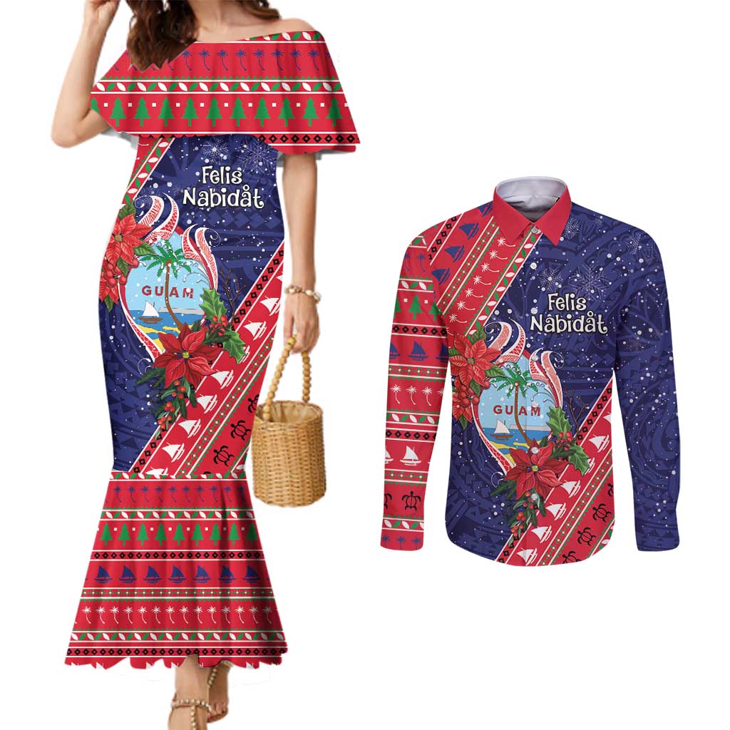 Guam Christmas Couples Matching Mermaid Dress and Long Sleeve Button Shirt Felis Nabidat Guaman Seal With Poinsettia LT05 Blue - Polynesian Pride