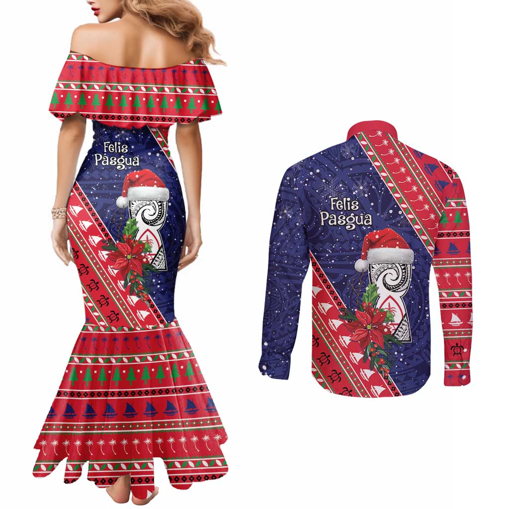 Guam Christmas Couples Matching Mermaid Dress and Long Sleeve Button Shirt Felis Nabidat Guaman Seal With Poinsettia LT05 - Polynesian Pride