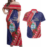 Guam Christmas Couples Matching Off Shoulder Maxi Dress and Hawaiian Shirt Felis Nabidat Guaman Seal With Poinsettia LT05 Blue - Polynesian Pride
