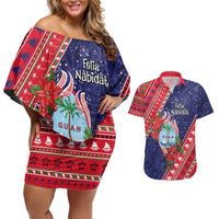 Guam Christmas Couples Matching Off Shoulder Short Dress and Hawaiian Shirt Felis Nabidat Guaman Seal With Poinsettia LT05 Blue - Polynesian Pride