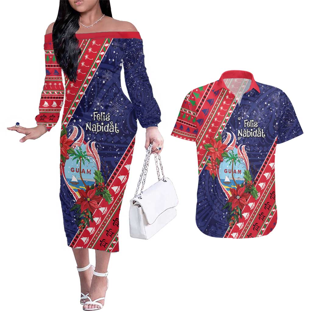 Guam Christmas Couples Matching Off The Shoulder Long Sleeve Dress and Hawaiian Shirt Felis Nabidat Guaman Seal With Poinsettia LT05 Blue - Polynesian Pride