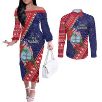 Guam Christmas Couples Matching Off The Shoulder Long Sleeve Dress and Long Sleeve Button Shirt Felis Nabidat Guaman Seal With Poinsettia LT05 Blue - Polynesian Pride