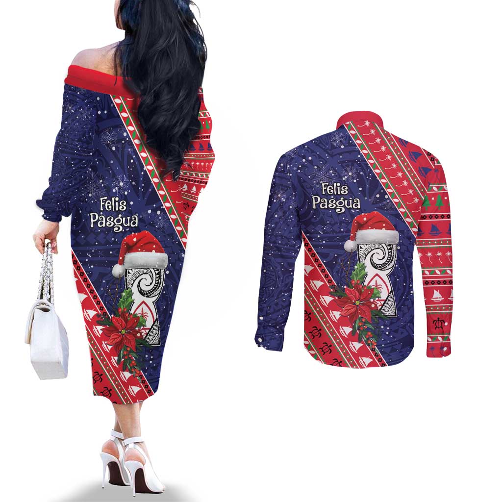 Guam Christmas Couples Matching Off The Shoulder Long Sleeve Dress and Long Sleeve Button Shirt Felis Nabidat Guaman Seal With Poinsettia LT05 - Polynesian Pride