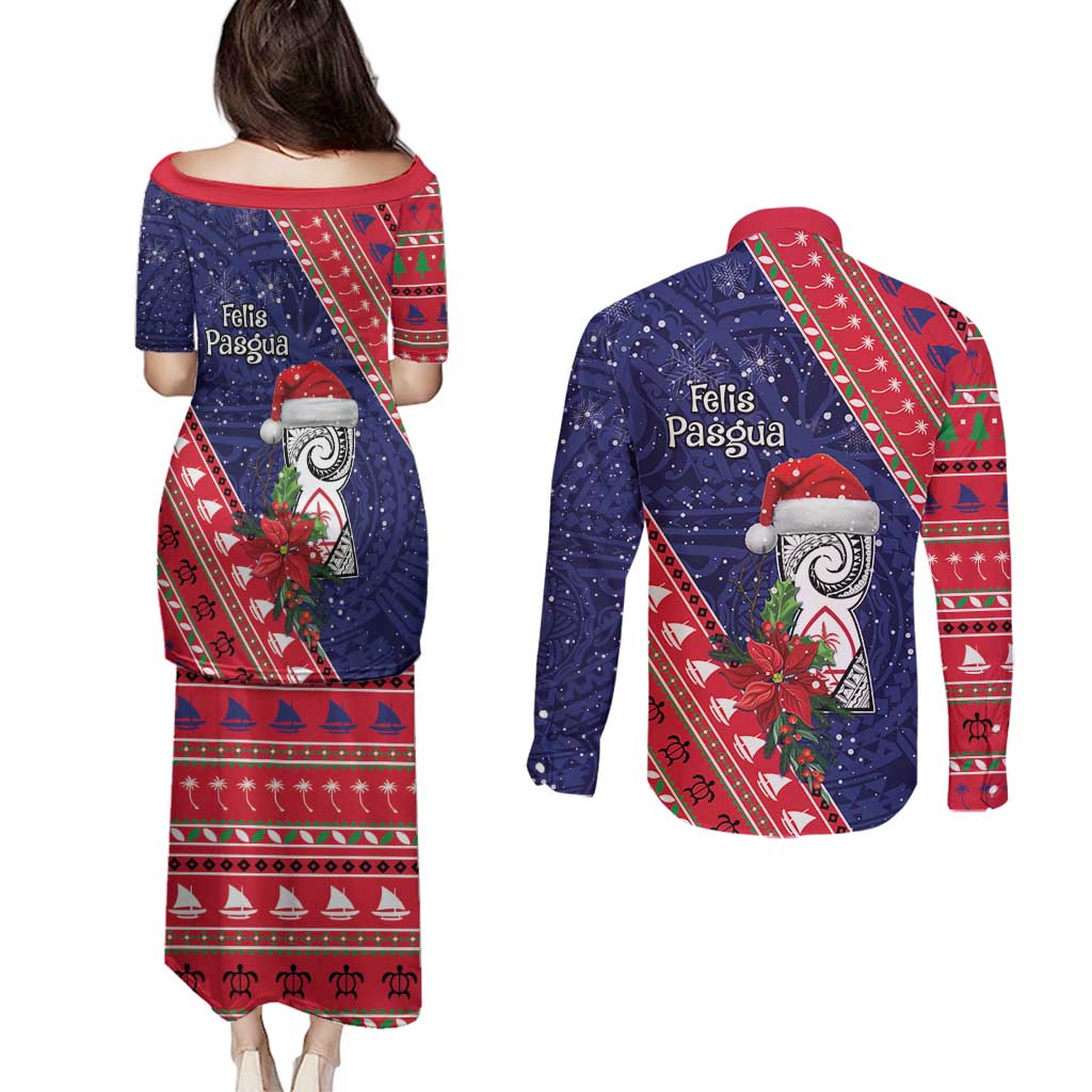 Guam Christmas Couples Matching Puletasi and Long Sleeve Button Shirt Felis Nabidat Guaman Seal With Poinsettia LT05 - Polynesian Pride