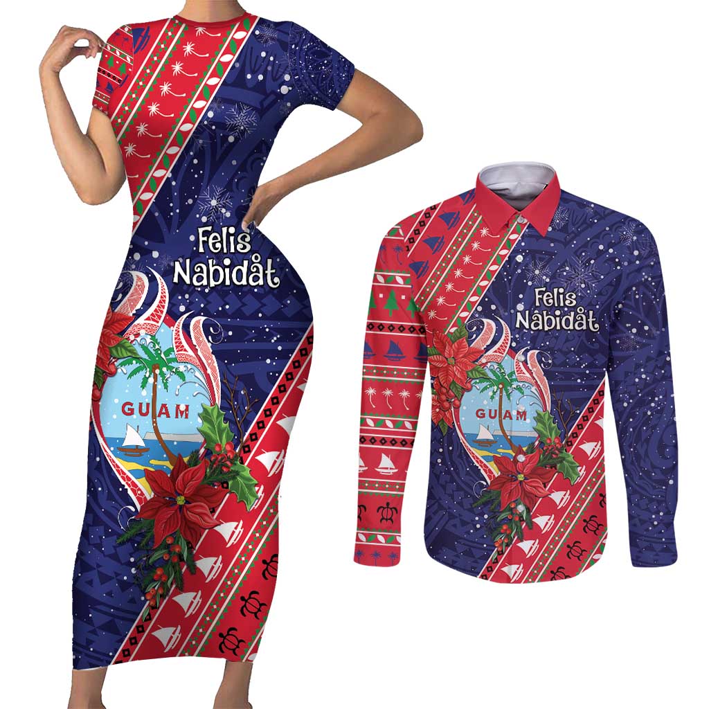 Guam Christmas Couples Matching Short Sleeve Bodycon Dress and Long Sleeve Button Shirt Felis Nabidat Guaman Seal With Poinsettia LT05 Blue - Polynesian Pride