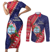 Guam Christmas Couples Matching Short Sleeve Bodycon Dress and Long Sleeve Button Shirt Felis Nabidat Guaman Seal With Poinsettia LT05 Blue - Polynesian Pride