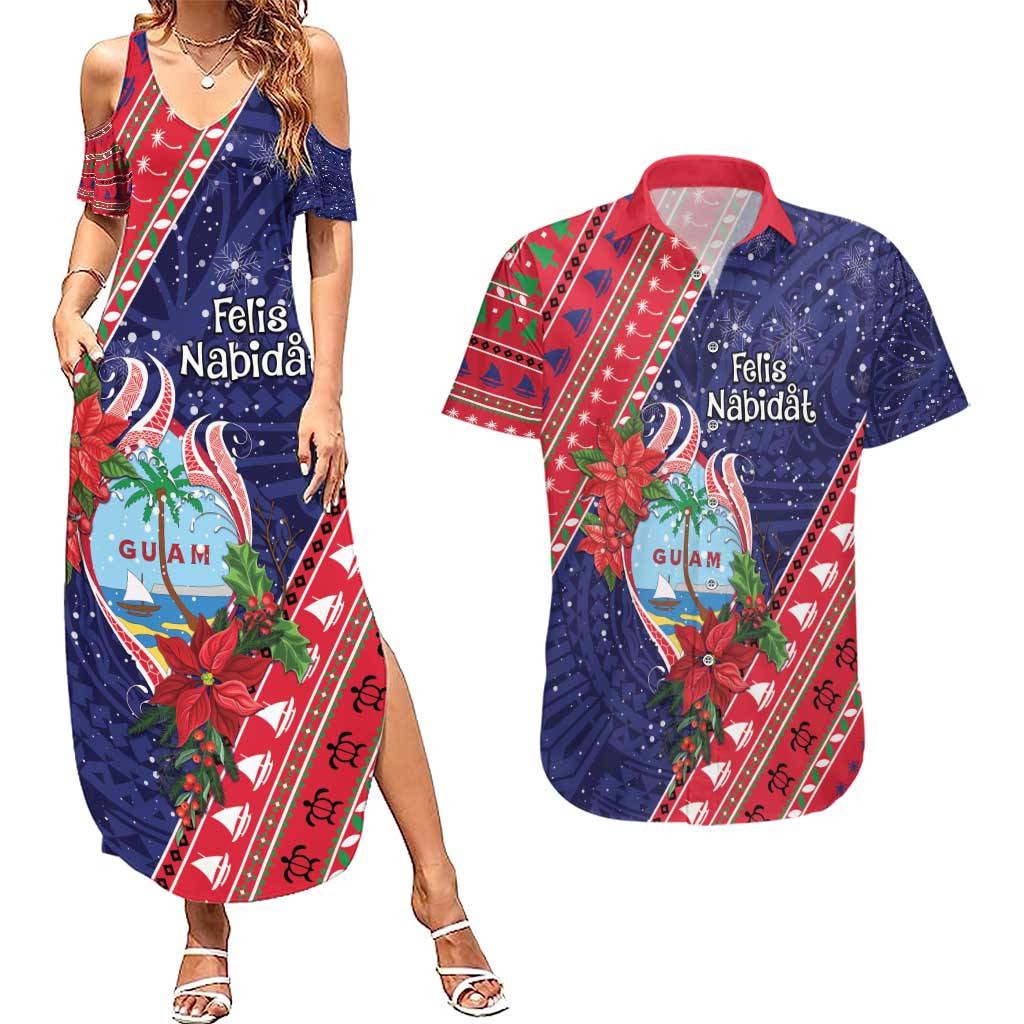Guam Christmas Couples Matching Summer Maxi Dress and Hawaiian Shirt Felis Nabidat Guaman Seal With Poinsettia LT05 Blue - Polynesian Pride
