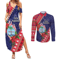 Guam Christmas Couples Matching Summer Maxi Dress and Long Sleeve Button Shirt Felis Nabidat Guaman Seal With Poinsettia LT05 Blue - Polynesian Pride