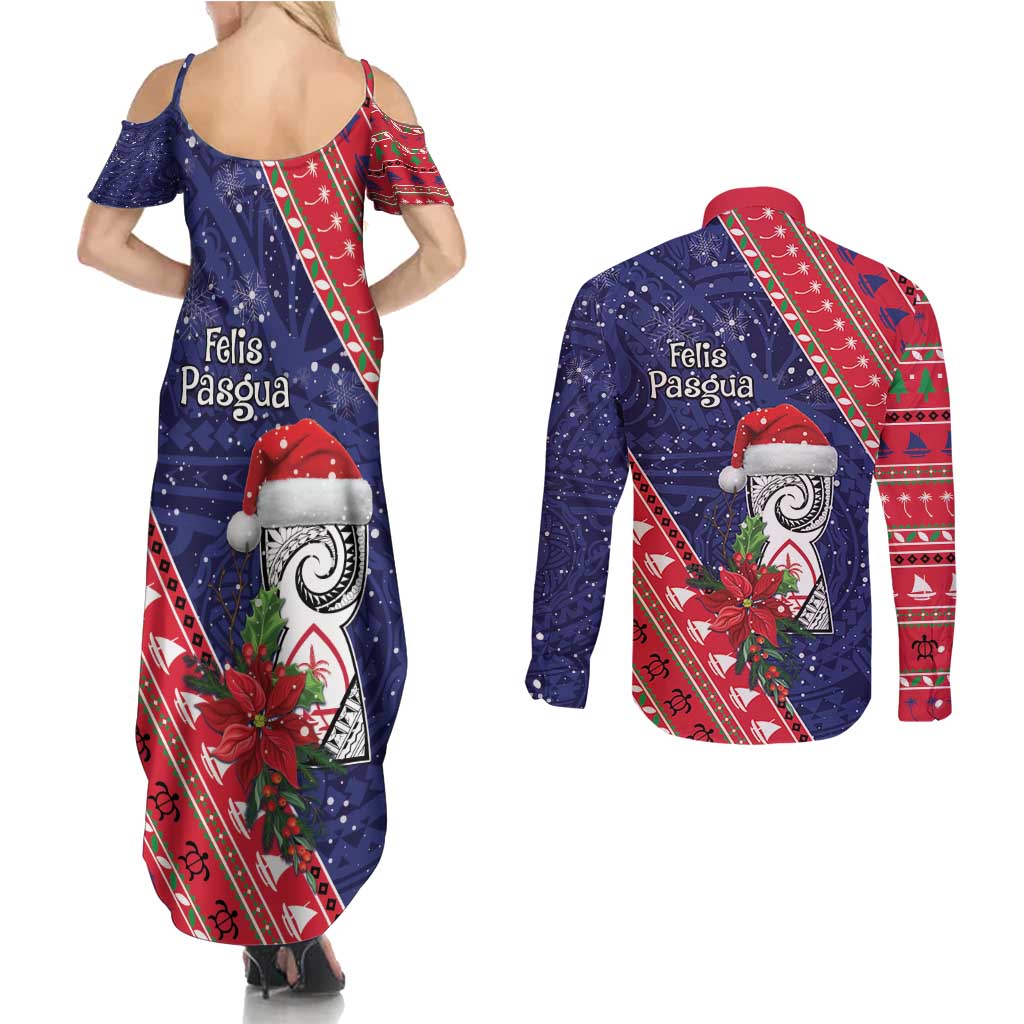 Guam Christmas Couples Matching Summer Maxi Dress and Long Sleeve Button Shirt Felis Nabidat Guaman Seal With Poinsettia LT05 - Polynesian Pride