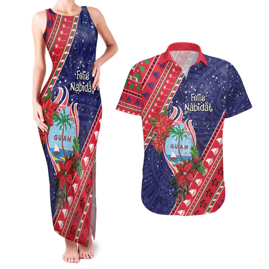 Guam Christmas Couples Matching Tank Maxi Dress and Hawaiian Shirt Felis Nabidat Guaman Seal With Poinsettia LT05 Blue - Polynesian Pride