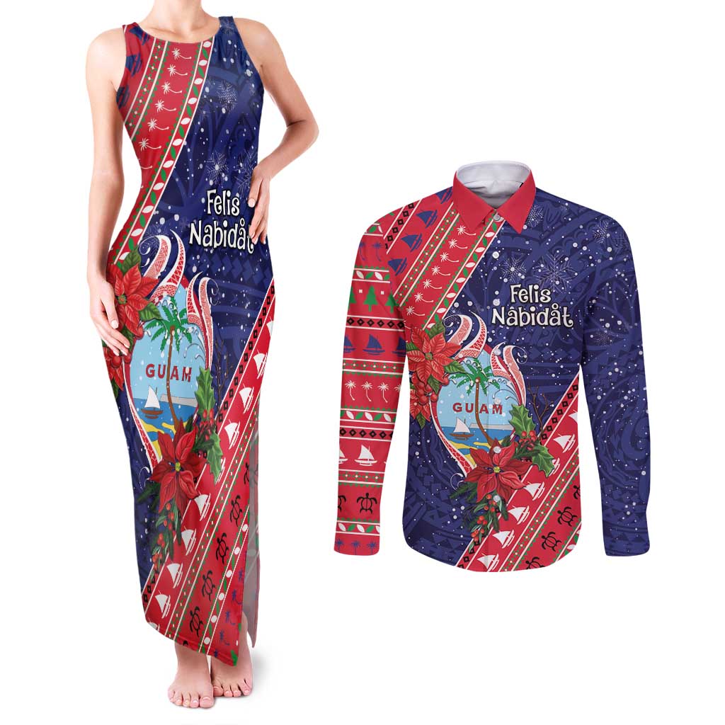 Guam Christmas Couples Matching Tank Maxi Dress and Long Sleeve Button Shirt Felis Nabidat Guaman Seal With Poinsettia LT05 Blue - Polynesian Pride