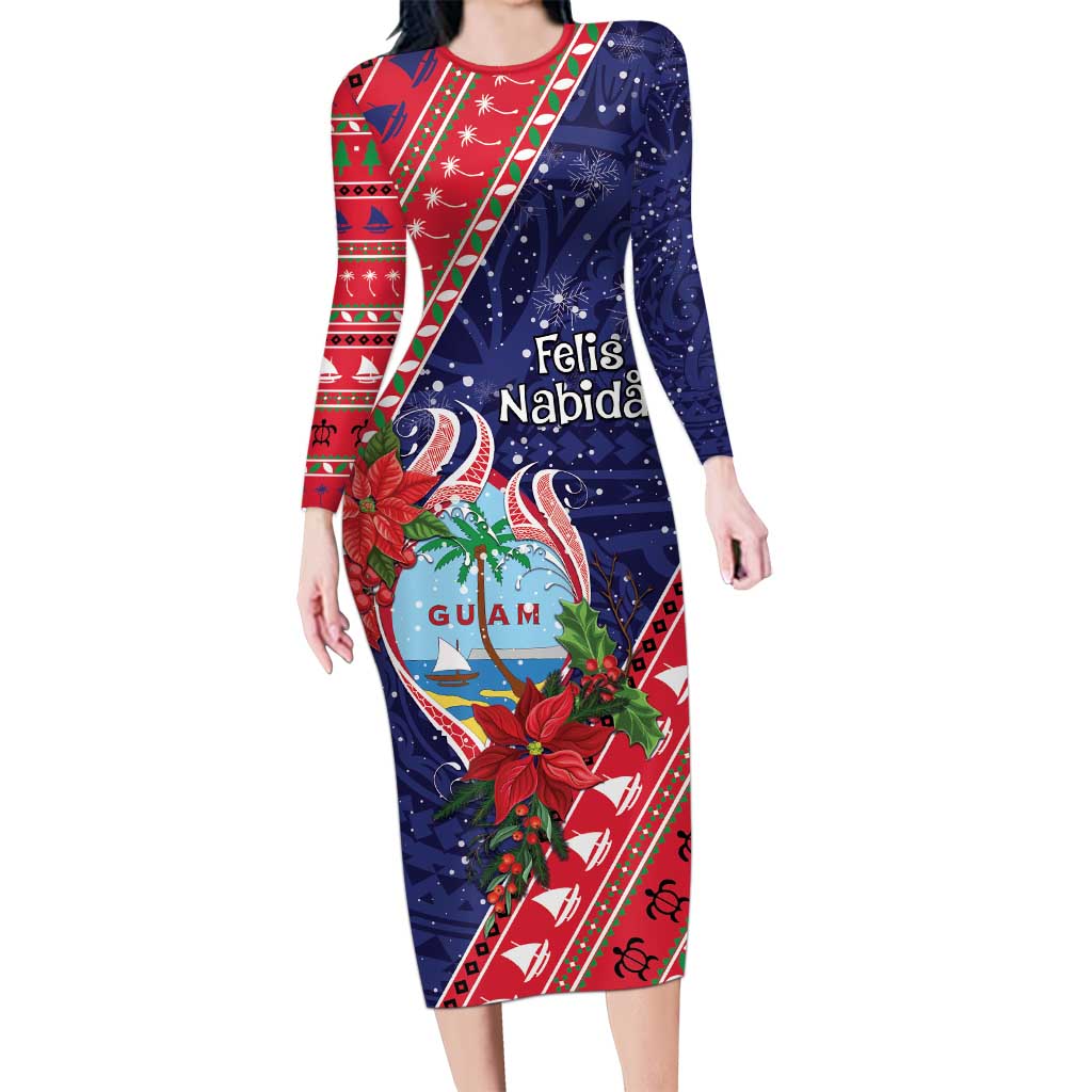 Guam Christmas Family Matching Long Sleeve Bodycon Dress and Hawaiian Shirt Felis Nabidat Guaman Seal With Poinsettia LT05 Mom's Dress Blue - Polynesian Pride
