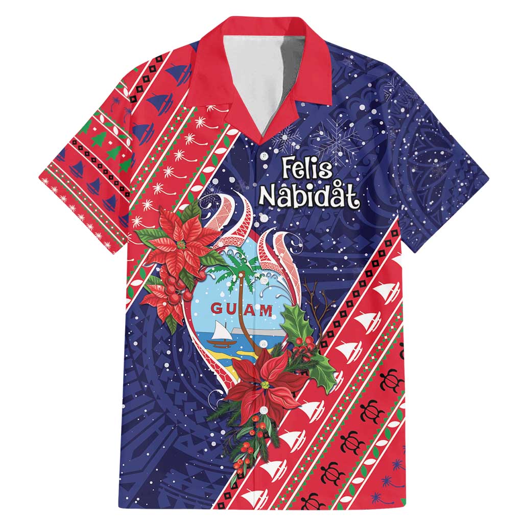 Guam Christmas Family Matching Mermaid Dress and Hawaiian Shirt Felis Nabidat Guaman Seal With Poinsettia LT05 Dad's Shirt - Short Sleeve Blue - Polynesian Pride