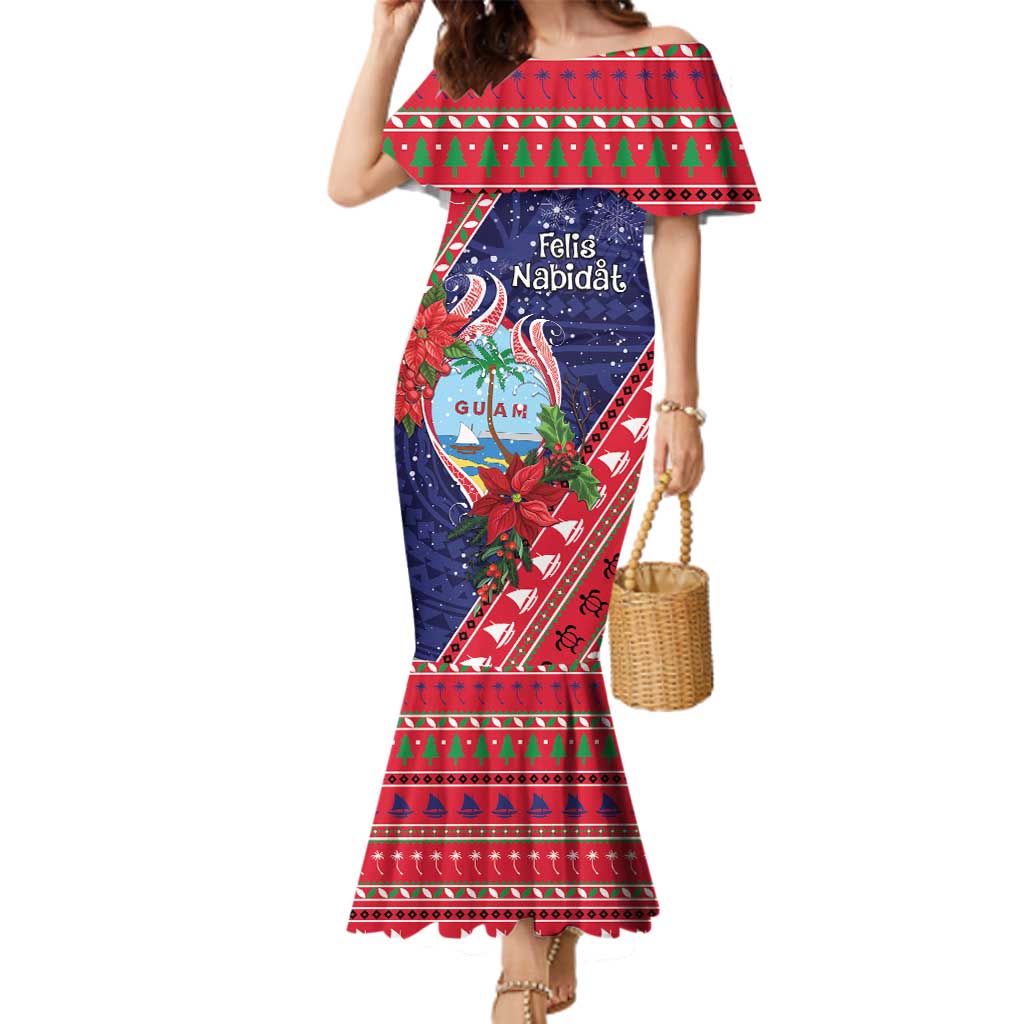 Guam Christmas Family Matching Mermaid Dress and Hawaiian Shirt Felis Nabidat Guaman Seal With Poinsettia LT05 Mom's Dress Blue - Polynesian Pride