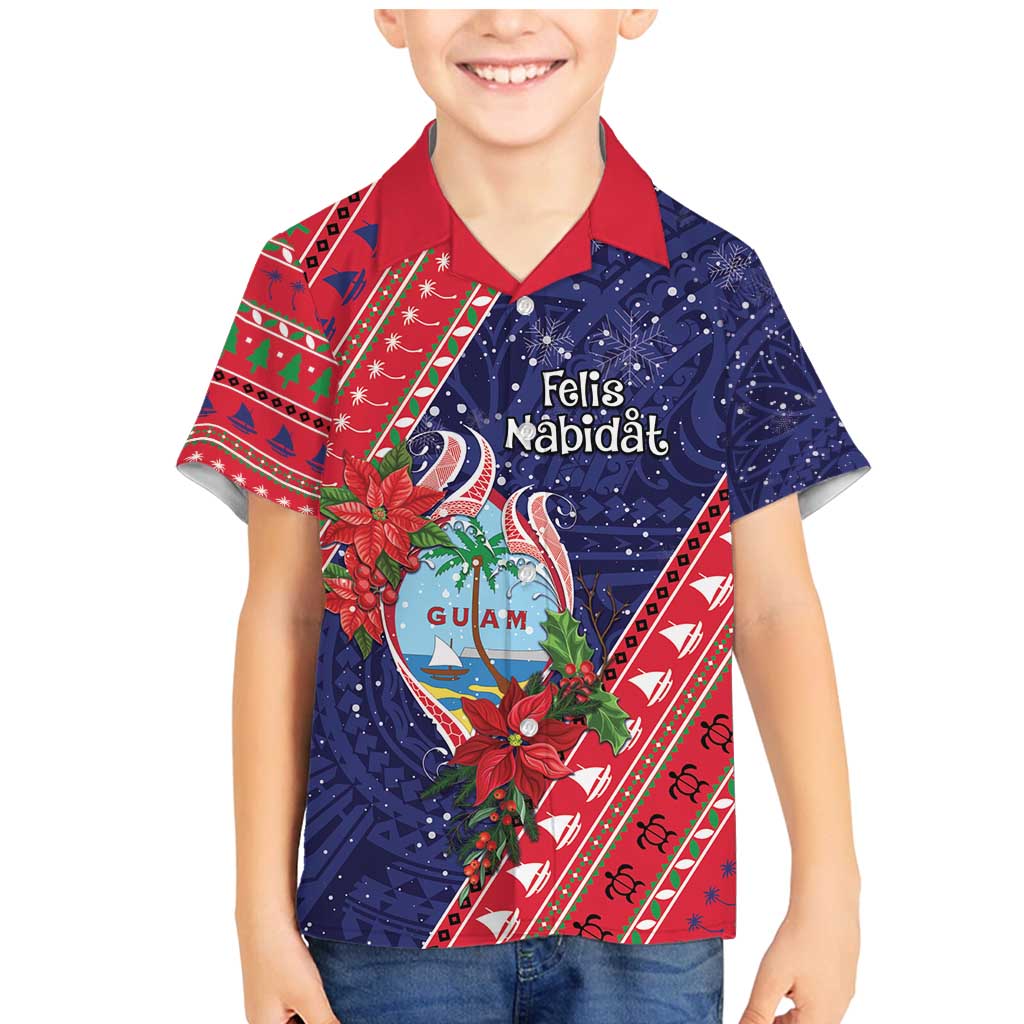 Guam Christmas Family Matching Mermaid Dress and Hawaiian Shirt Felis Nabidat Guaman Seal With Poinsettia LT05 Son's Shirt Blue - Polynesian Pride