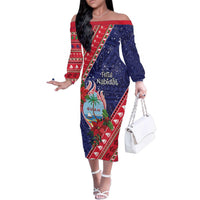 Guam Christmas Family Matching Off The Shoulder Long Sleeve Dress and Hawaiian Shirt Felis Nabidat Guaman Seal With Poinsettia LT05 Mom's Dress Blue - Polynesian Pride
