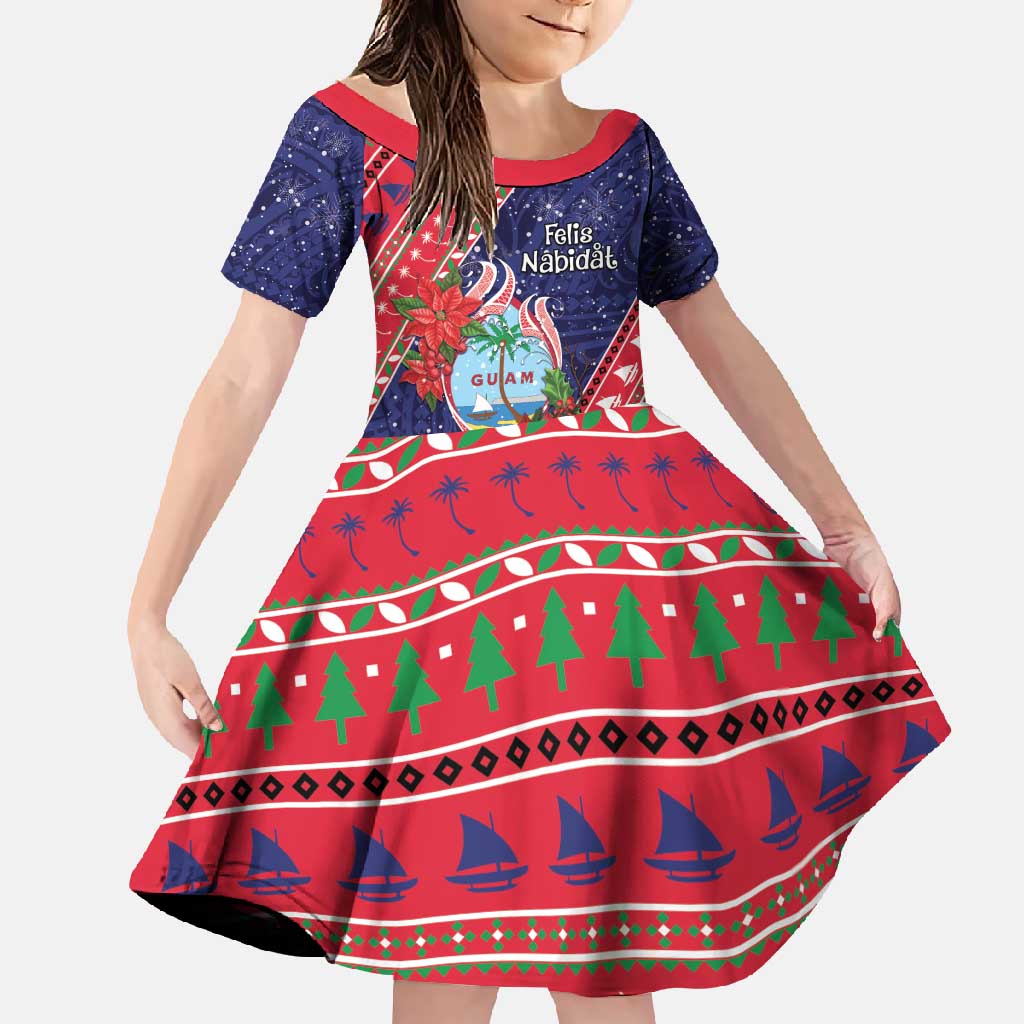 Guam Christmas Family Matching Off Shoulder Maxi Dress and Hawaiian Shirt Felis Nabidat Guaman Seal With Poinsettia LT05 Daughter's Dress Blue - Polynesian Pride