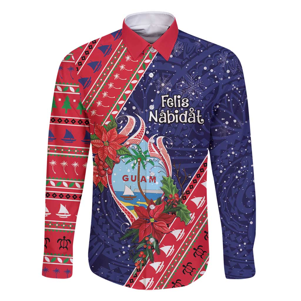 Guam Christmas Family Matching Off Shoulder Short Dress and Hawaiian Shirt Felis Nabidat Guaman Seal With Poinsettia LT05 Dad's Shirt - Long Sleeve Blue - Polynesian Pride