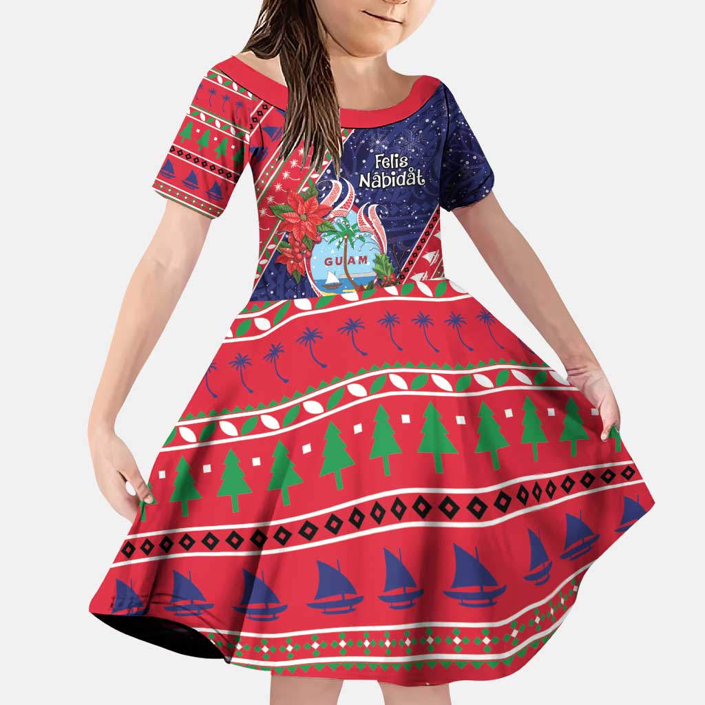 Guam Christmas Family Matching Puletasi and Hawaiian Shirt Felis Nabidat Guaman Seal With Poinsettia LT05 Daughter's Dress Blue - Polynesian Pride