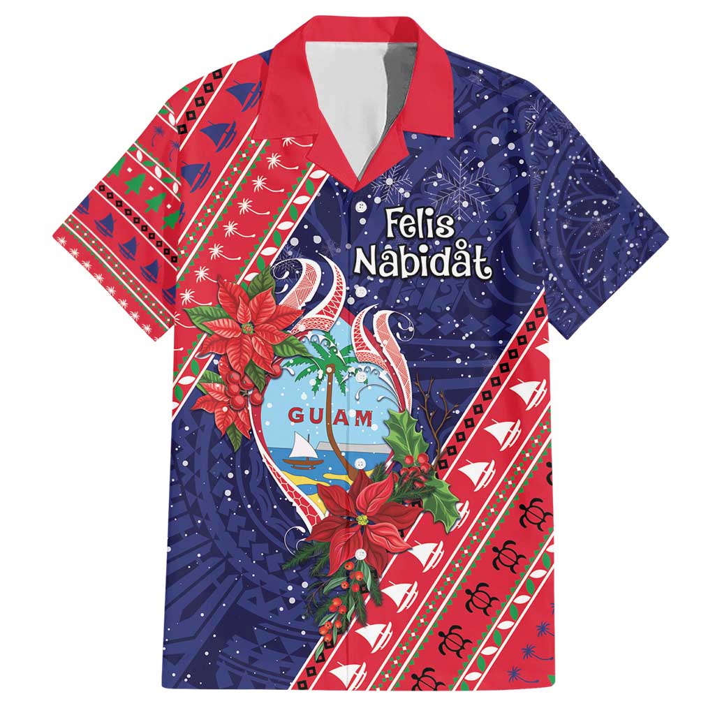 Guam Christmas Family Matching Short Sleeve Bodycon Dress and Hawaiian Shirt Felis Nabidat Guaman Seal With Poinsettia LT05 Dad's Shirt - Short Sleeve Blue - Polynesian Pride