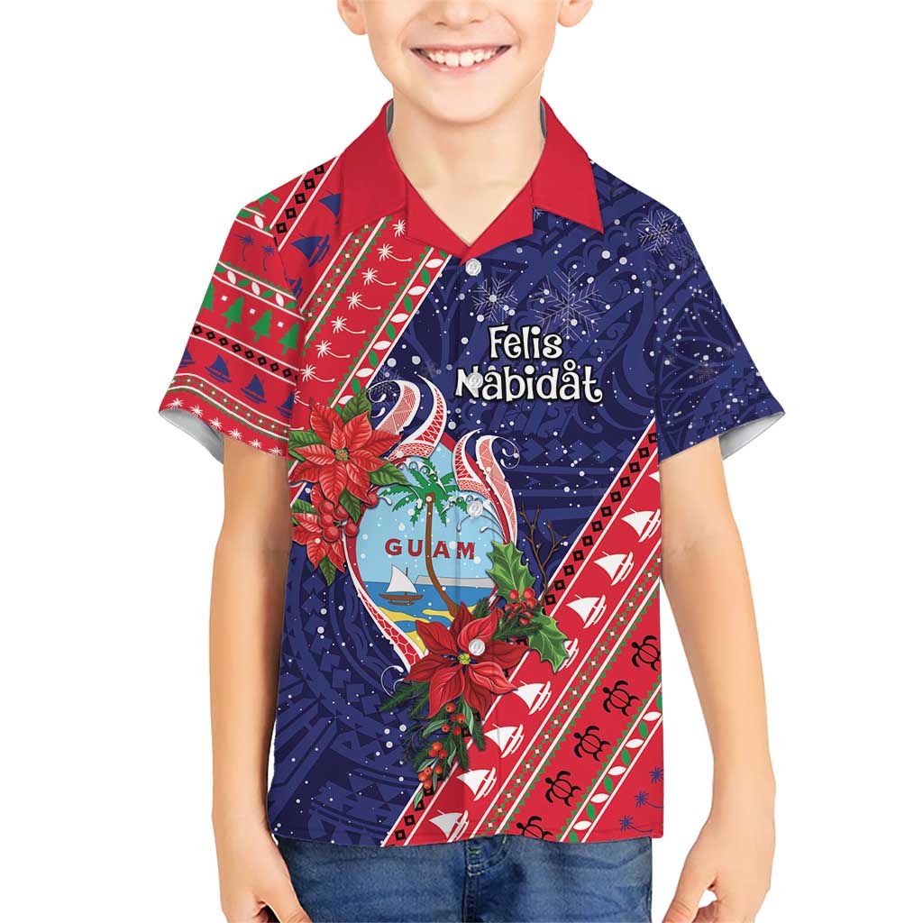 Guam Christmas Family Matching Short Sleeve Bodycon Dress and Hawaiian Shirt Felis Nabidat Guaman Seal With Poinsettia LT05 Son's Shirt Blue - Polynesian Pride