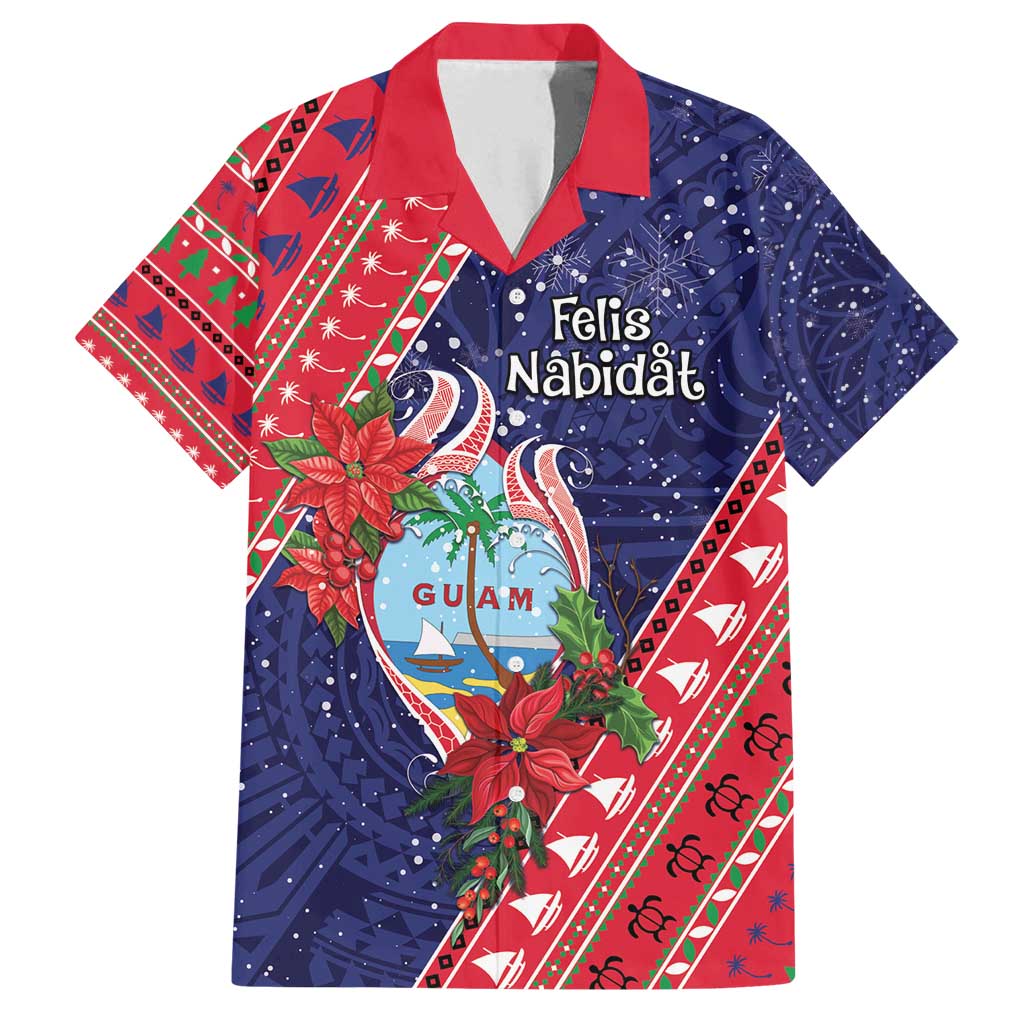 Guam Christmas Family Matching Summer Maxi Dress and Hawaiian Shirt Felis Nabidat Guaman Seal With Poinsettia LT05 Dad's Shirt - Short Sleeve Blue - Polynesian Pride