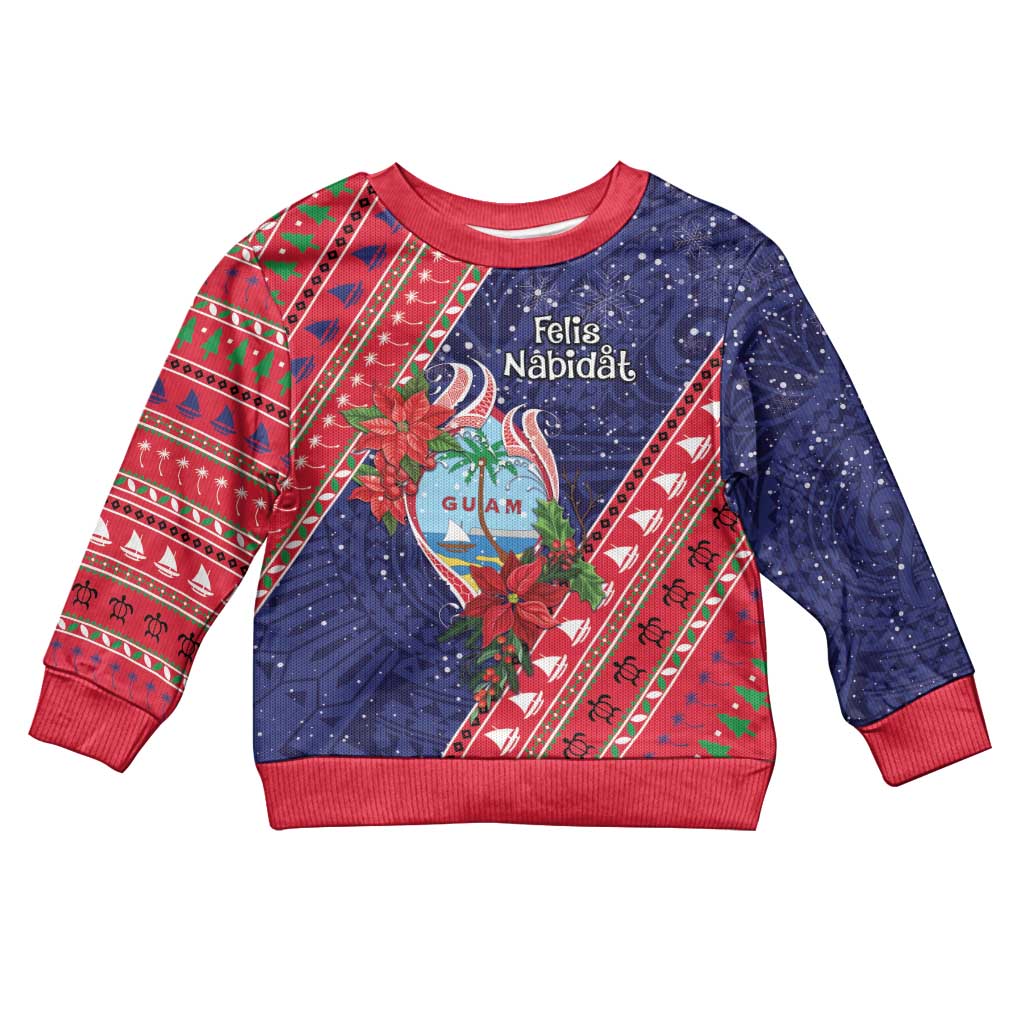 Guam Christmas Kid Ugly Christmas Sweater Felis Nabidat Guaman Seal With Poinsettia LT05 Kid Blue - Polynesian Pride