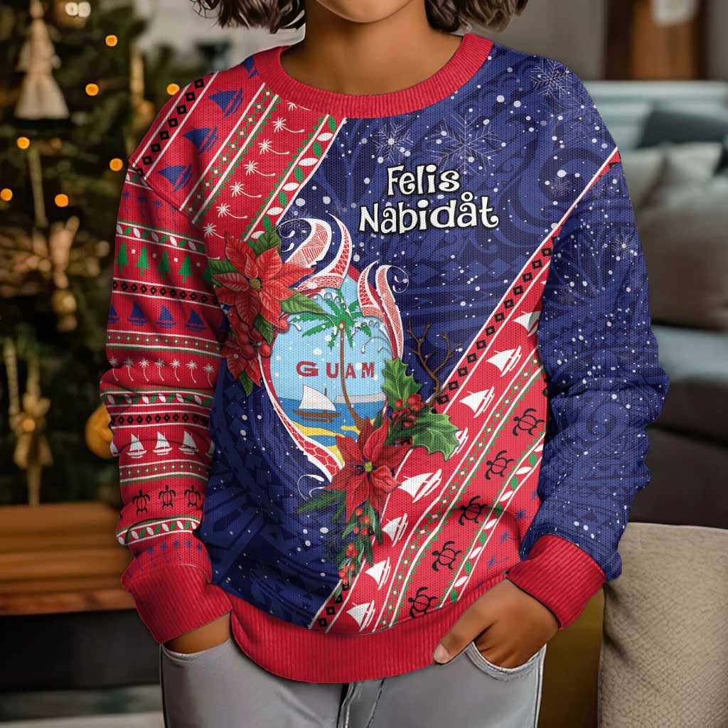 Guam Christmas Kid Ugly Christmas Sweater Felis Nabidat Guaman Seal With Poinsettia LT05 - Polynesian Pride